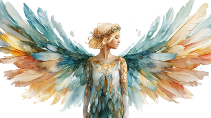 A serene figure with large, multicolored wings and a floral crown, embodying grace and tranquility in a stunning watercolor style, ideal for artistic and spiritual themes.