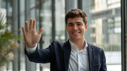Businessman waving and smiling.