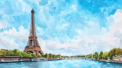 Obraz premium Watercolor Illustration of Eiffel Tower and Seine River