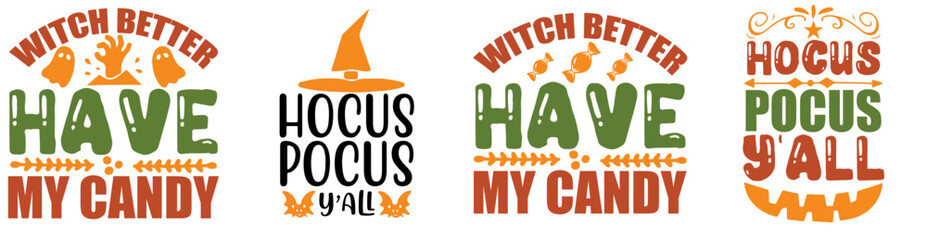 Classic Halloween Typographic Emblems, Calligraphy Set Vector Illustration for T-Shirt Design, Holiday Cards, Flyer