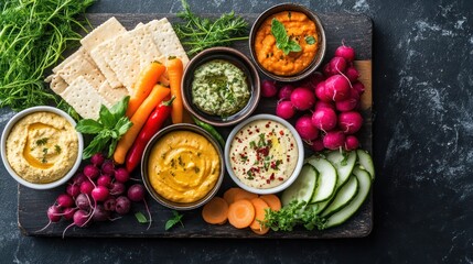 A creative charcuterie board with a selection of plant-based cheeses, fresh vegetables, and artisanal dips.