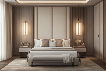 Bedroom interior with bed, nightstand, and panoramic window