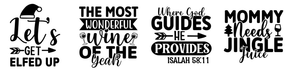 Cute Christmas Wine Hand Lettering, Calligraphy Bundle Vector Illustration for Wrapping Paper, Banner, Icon