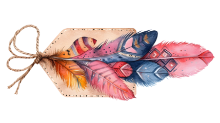 A beautifully crafted gift tag adorned with colorful, watercolor feathers and rustic twine, perfect for adding a bohemian and artistic touch to presents or decor.