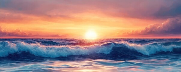 Fototapeta premium A stunning sunset over the ocean, with vibrant colors reflecting on the waves, creating a tranquil and picturesque scene.