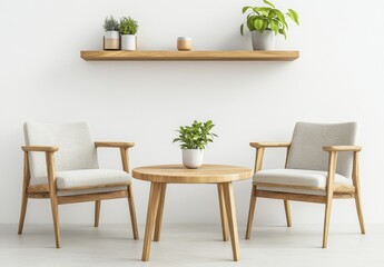 The interior of a light living room with chairs and decoration. Wall mockup with an empty space.