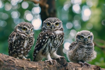Fototapeta premium Three small owls resting on a tree limb, nature scene