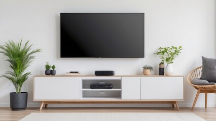 Modern living room interior with TV, entertainment unit, plants, and a chair.