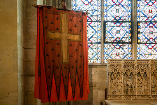 Oriflamme, coat of arms for France in the Middle Ages.at Saint Denis Basilica in Paris, France