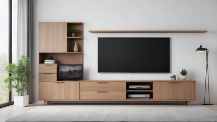 Modern Living Room Interior with Wooden Entertainment Center and Flat Screen TV