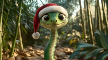 Fototapeta premium This background features a snake wearing a Santa Claus hat in bamboo thickets, a symbol for 2025.