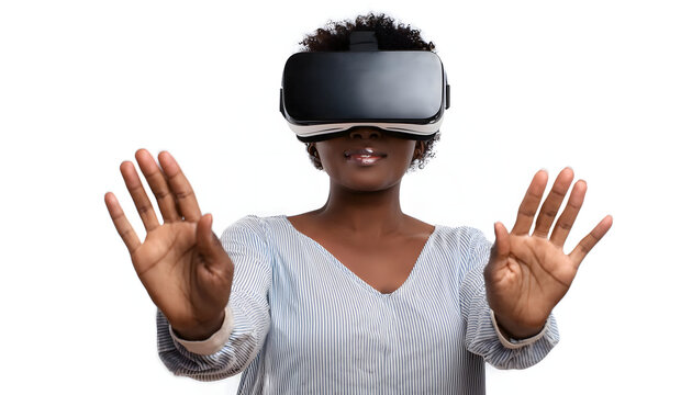 Portrait of African American woman using virtual reality headset, isolated on white background