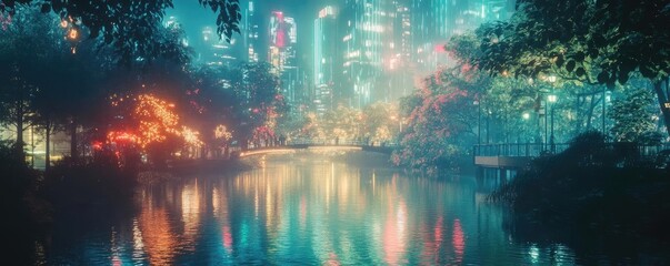 A serene, neon-lit cityscape reflecting in a tranquil water body, surrounded by lush greenery and vibrant foliage.