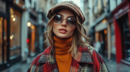 Fototapeta premium A fashion influencer walking down a vibrant street, effortlessly blending with the city life while creating engaging content for their followers.
