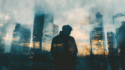 A silhouette of a person amid urban architecture and moody skies, capturing a sense of solitude and reflection in a modern city.