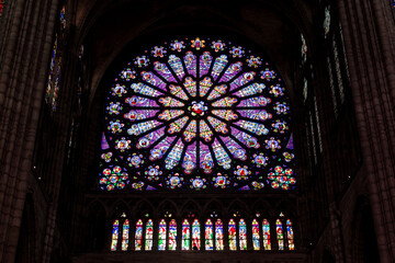 stained glass rosette at gothic Saint Denis Basilica in Paris, France