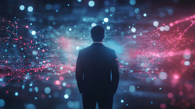 Back view of young businessman managing abstract business chart hologram. Technology, innovation and analytics concept. 3D Rendering - Powered by Adobe