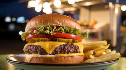 Mouthwatering classic cheeseburger featuring a juicy beef patty, melted cheese, fresh lettuce, tomato, pickles, and soft bun, set against a warm, inviting eatery background. 