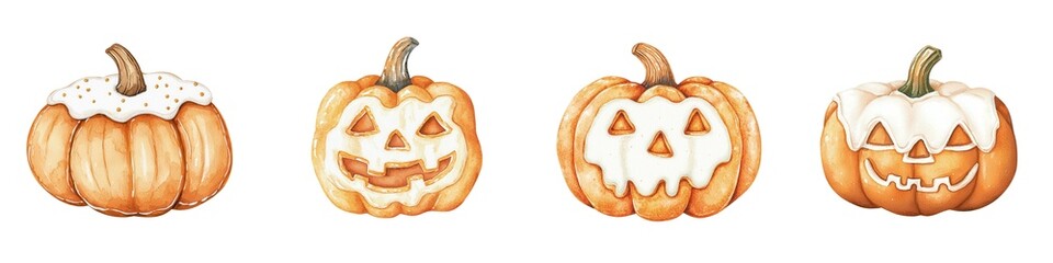 Row of festive pumpkins and decorated Halloween jack-o'-lanterns with icing, perfect autumn holiday decorations and spooky celebration art.