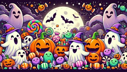 Fototapeta premium A cute and whimsical Halloween illustration with a wide landscape orientation, perfect for a thumbnail image
