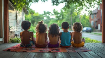 A group of kids sitting on a front porch, staring at the street, feeling the long stretch of a lazy summer afternoon.