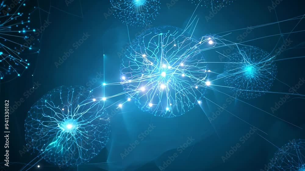 Poster exploring dynamic blue particle networks in an abstract digital environment
