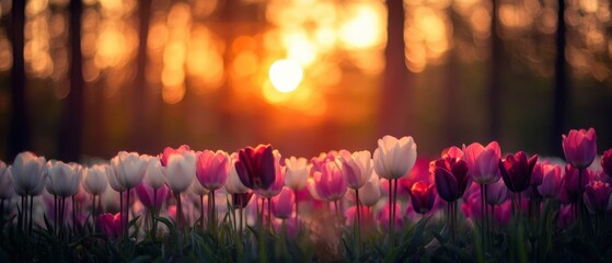Sunset Over a Blooming Tulip Field in a Forest
