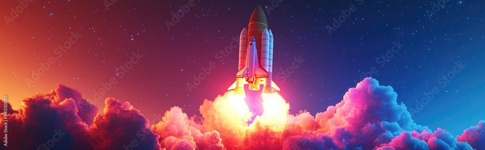 Poster spaceship lift off depicted in 3d cartoon rendering a space shuttle ascends with smoke and blast aga
