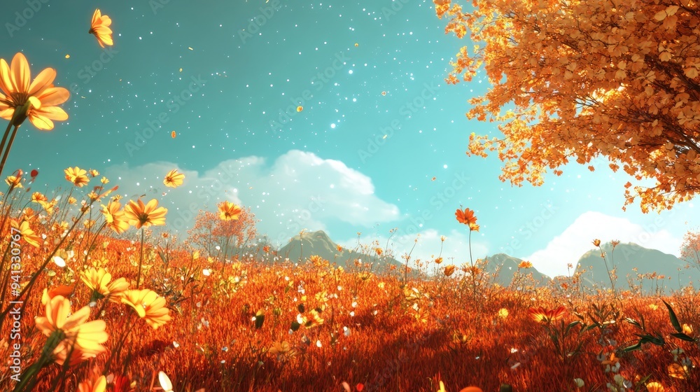 Aufkleber Fall cosmos field in 3D cartoon rendering