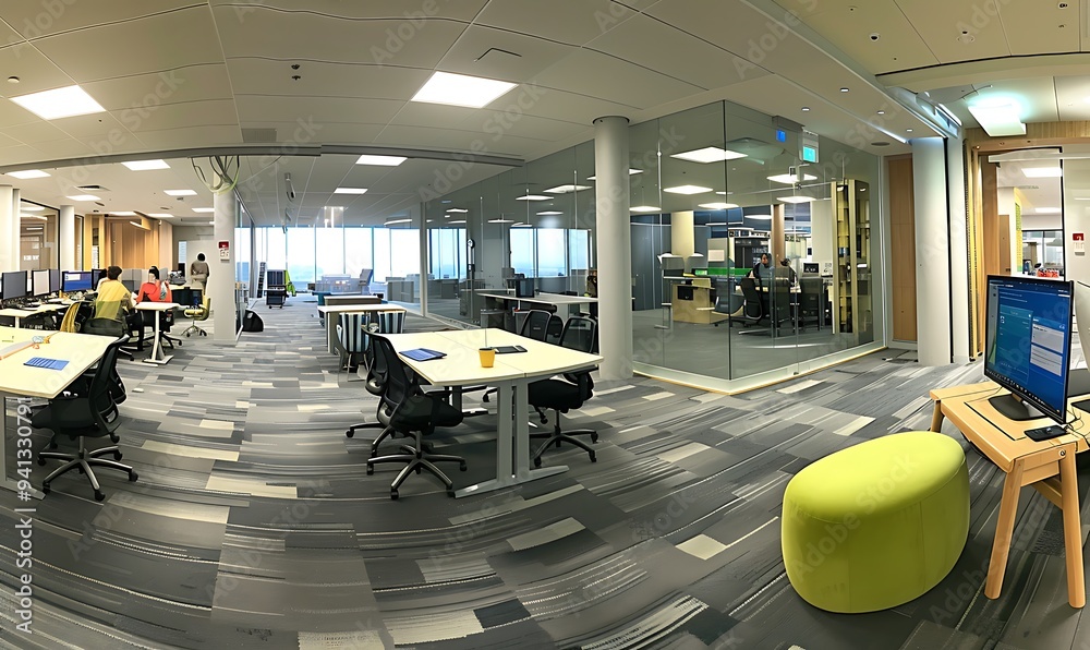 Poster panoramic view of business innovation hub with modern furniture and inspiring environment