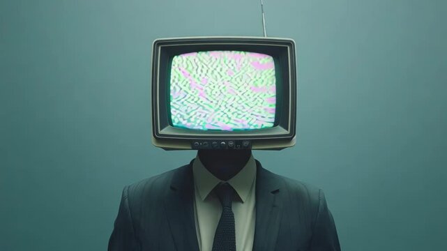 Man in suit with vintage TV head displays static patterns and interference