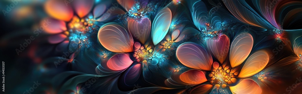 Poster Beautiful abstract background in 3D cartoon rendering featuring colorful floral fractals and modern graphic art This digital fantasy effect creates a trendy desktop wallpaper with a futuristic fra