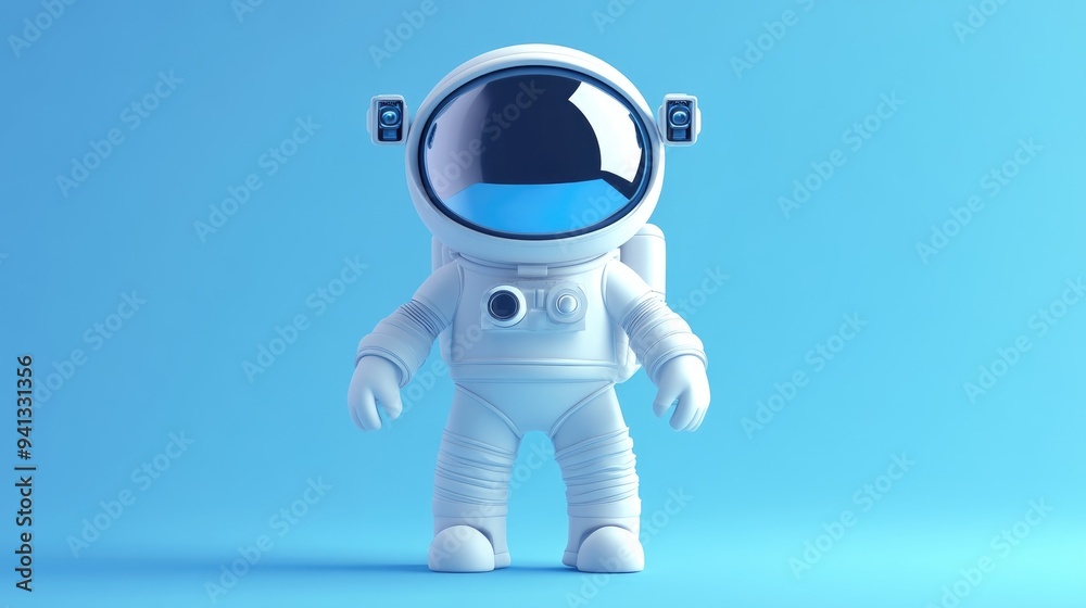 Poster flat line art design illustration of a 3d cartoon rendering of an astronaut