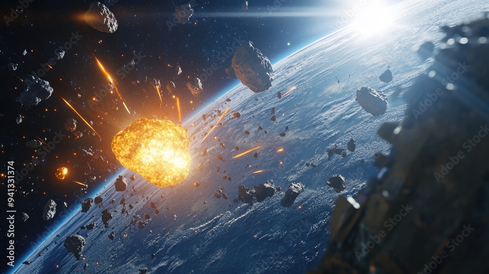 Poster cartoon rendering in 3d depicting an asteroid attack on earth