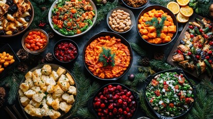 Fototapeta premium Elegant Vegan Holiday Dinner Table It's full of rich, flavorful plant-based foods.