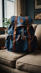 A backpack resting atop a couch