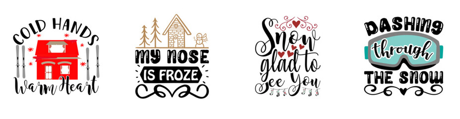Modern Winter Typographic Emblems, Quotes Set Vector Illustration for Poster, Greeting Card, Printing Press