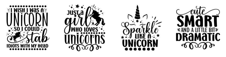 Cute Unicorn Calligraphic Lettering, Phrases Pack Vector Illustration for Advertising, Postcard, Vouchers