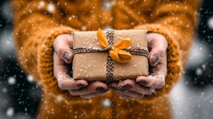 An outdoor image of a young woman person holding a small cardboard paper gift box during winter is presented during a time of snowfall