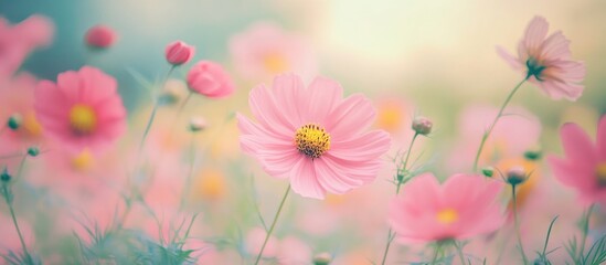 Fototapeta premium Cosmos flowers create a picturesque background in a garden ideal for photography enthusiasts looking to capture memorable images in a vast field of blooming cosmos