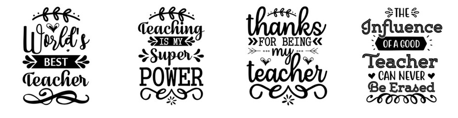 Cute Teacher Calligraphy, Calligraphic Lettering Set Vector Illustration for Decal, Bookmark, Packaging