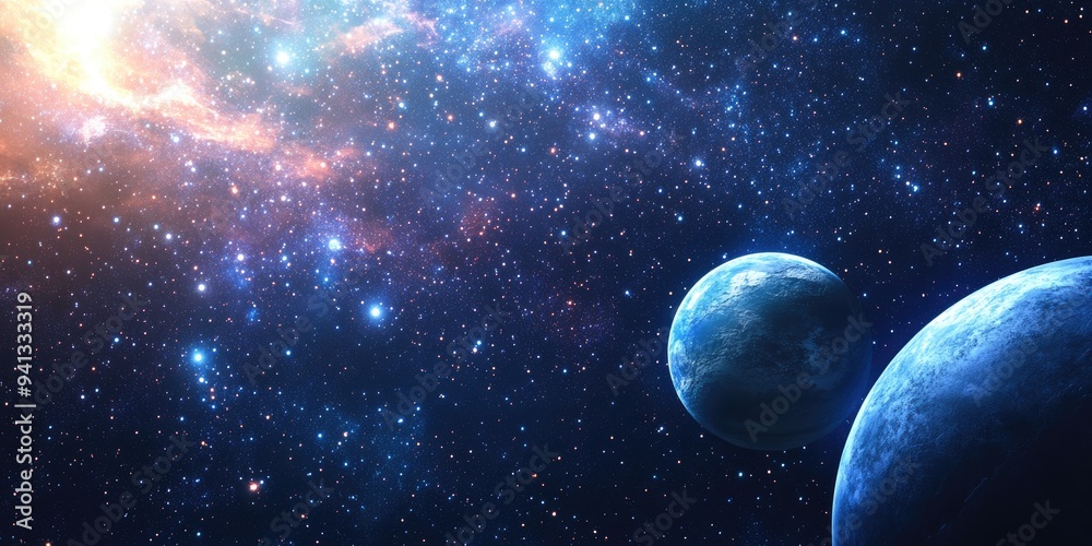 Poster 2D illustration with a 3D cartoon rendering showcasing deep vast space bright stars planets and moons Various creative science fiction backdrops including alien solar systems and a realistic deep c