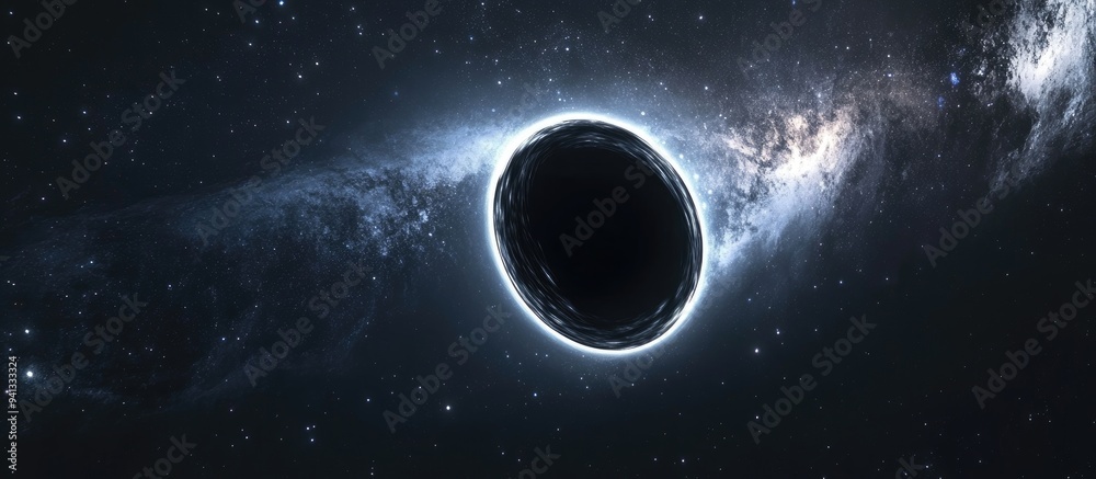 Poster Black hole slowly rotating in space depicted in 3D cartoon rendering showcasing the event horizon