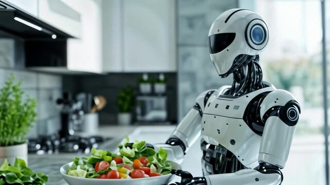 Humanoid robot preparing healthy salad in modern kitchen environment, showcasing advanced AI capabilities