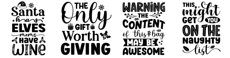 Modern Christmas Wine Typography, Trendy Retro Style Illustration Bundle Vector Illustration for Label, Flyer, Poster