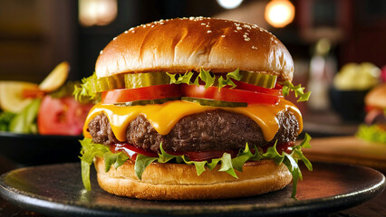 Mouthwatering classic cheeseburger featuring a juicy beef patty, melted cheese, fresh lettuce, tomato, pickles, and soft bun, set against a warm, inviting eatery background. 