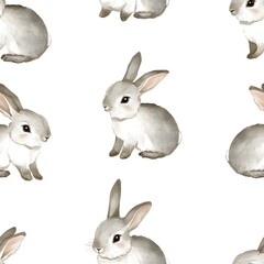 Fototapeta premium A seamless watercolor pattern featuring rabbits in a minimal and vintage style, showcasing a delicate and charming design with soft colors and a timeless appeal.......