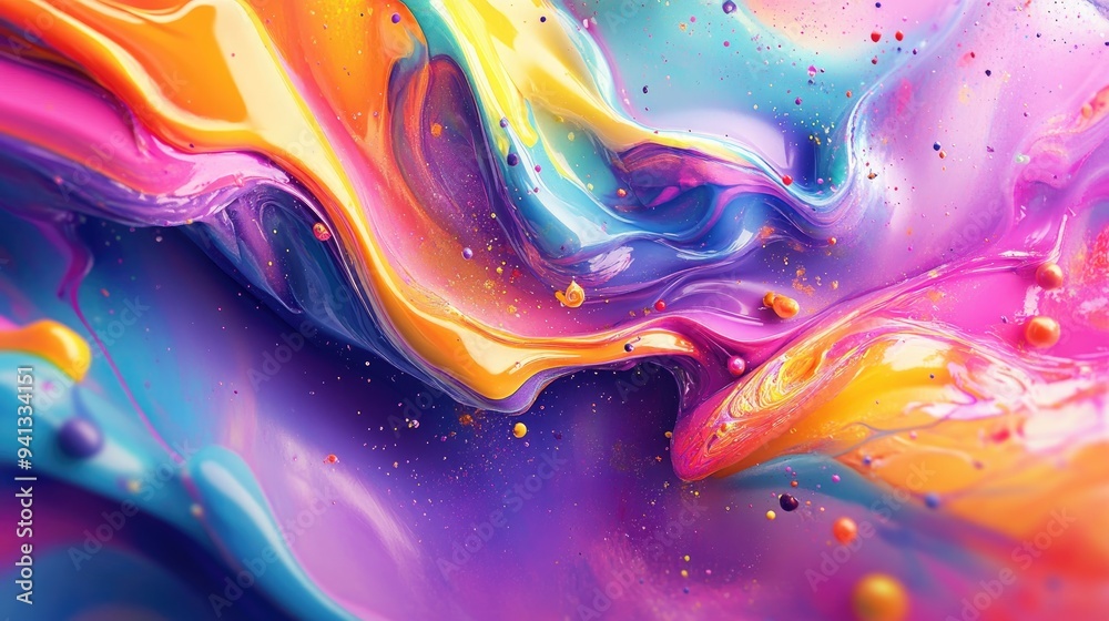 Poster Fluid Art in a colorful abstract background with mixing paints depicted in 3D cartoon rendering Modern art