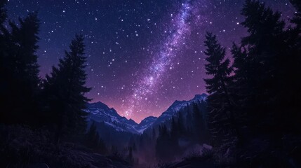 Fototapeta premium Beautiful bright Milky Way galaxy in a dark forest depicted in a 3D cartoon rendering Starry sky night landscape