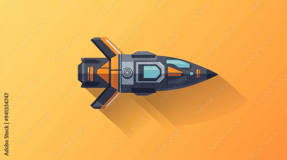 Poster Flat icon of a spaceship in 3D cartoon rendering with a long shadow outlined design